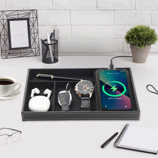 TopMade Valet Tray with Wireless Charging Pad Nightstand Organizer, Leather Desktop Storage Dresser Organizer Charging Station, Jewelry Box Catchall Bedside Vanity Tray for Men Women(Brown)