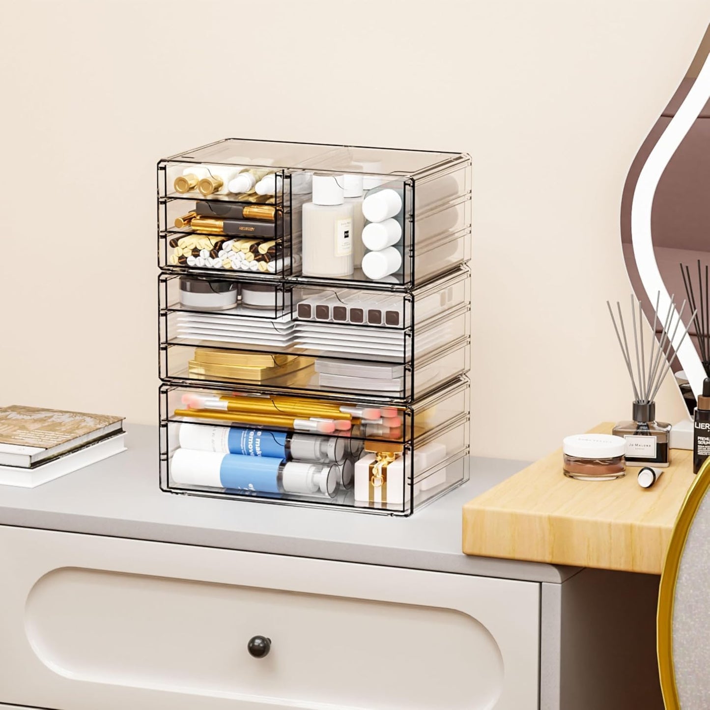 Yieach 2 Pack Acrylic Storage Drawers With 6 Drawers,Stackable Desk Organizer and Makeup Organizer,Large Clear Office Supplies Organizer for Pen,Stationary,Palettes,Arts Craft Organizers and Storage