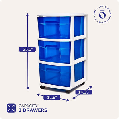 HOMZ Drawer Tower, 3-Tier Rolling Storage Cart with Removable Wheels, White Frame – Plastic Organizer with Clear Bin Drawers for Bedroom, Bathroom, Home Office, and Dorm Room