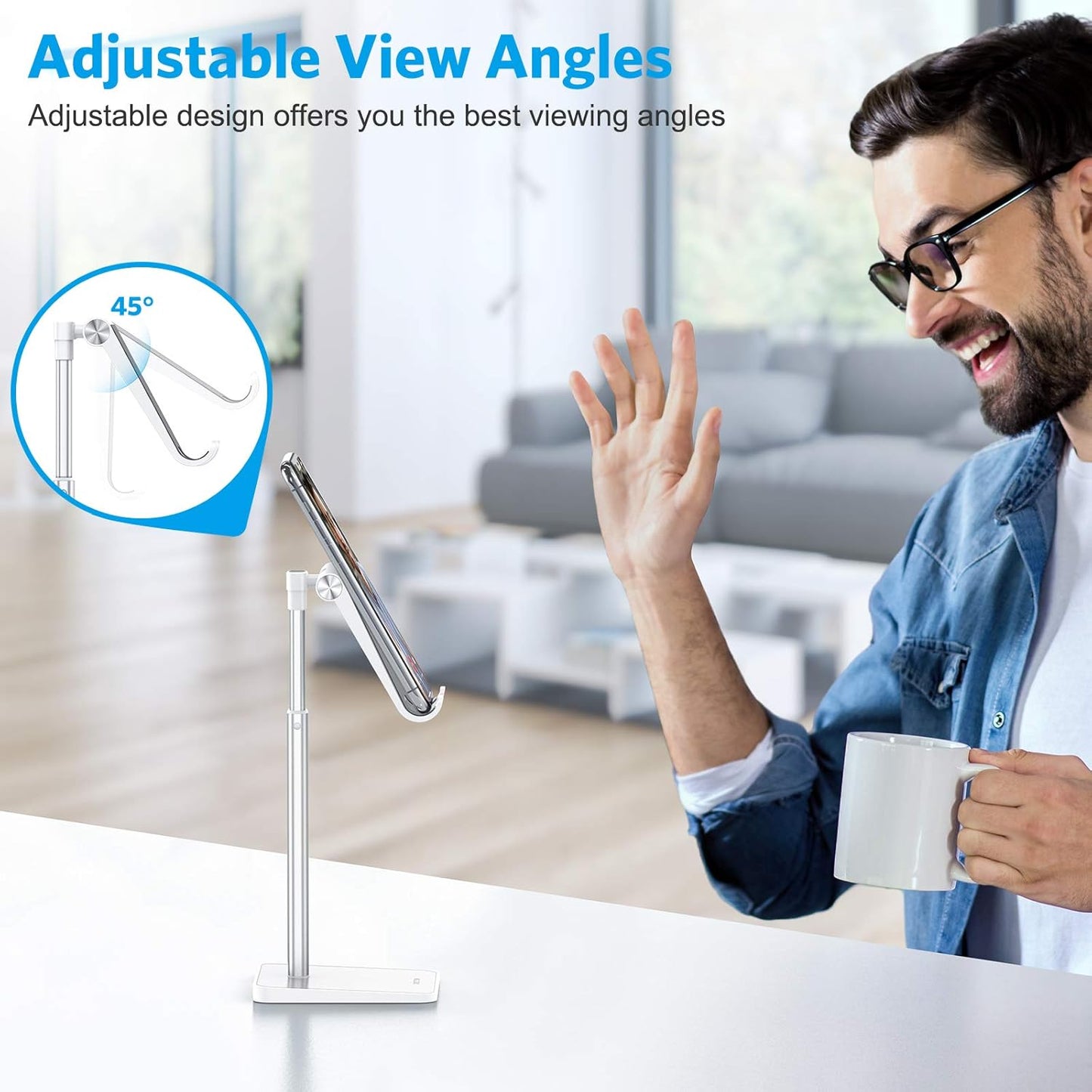OMOTON Cell Phone Stand, Adjustable Angle Height Desk Phone Dock Holder for iPhone Air 17 Pro Max/Plus/XS/XR, Samsung Galaxy S20 / S10 / S9 / S8 and Other Phones (3.5-7.0-Inch)