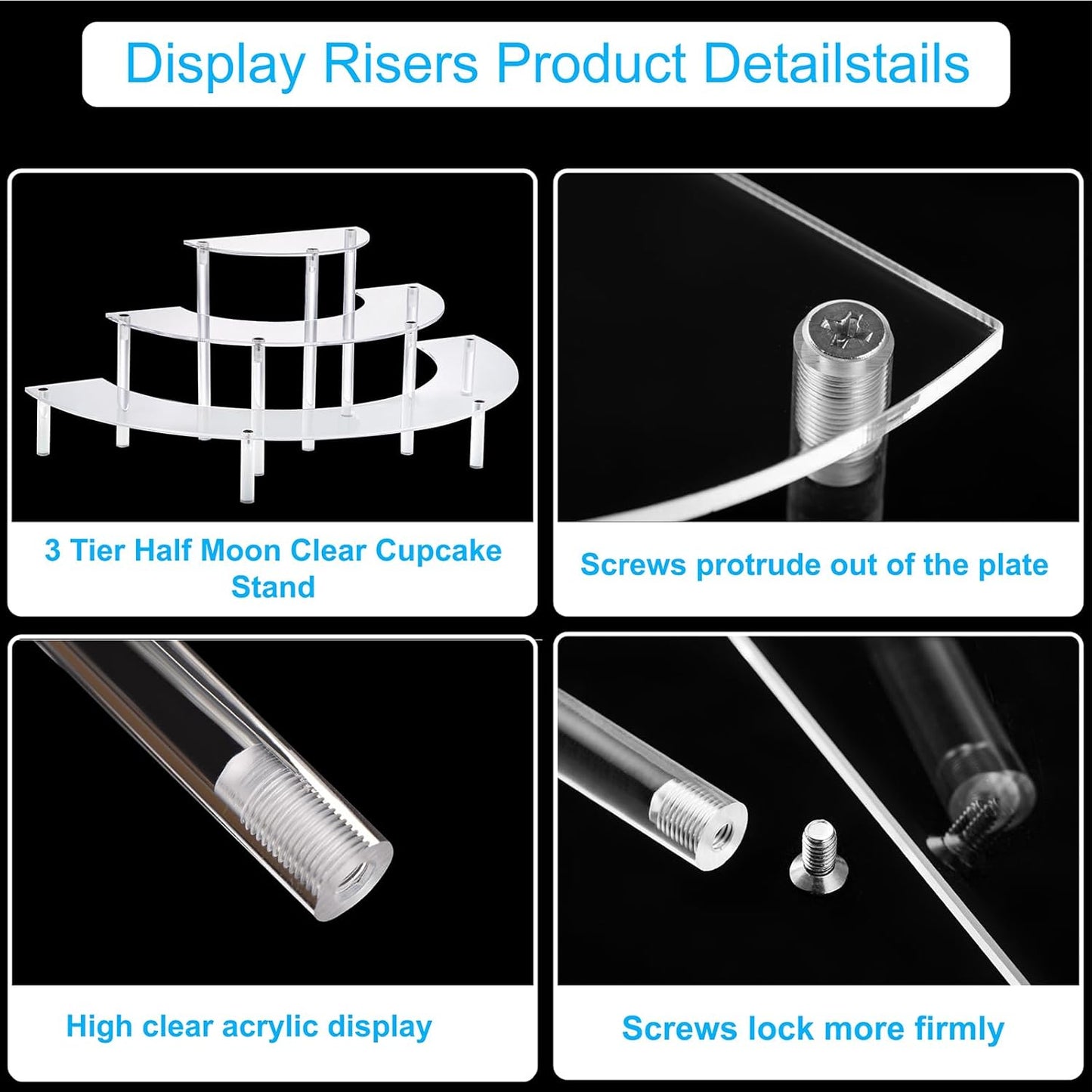 HENABLE Acrylic Display Riser - 3 Tier Clear Cupcake Stand, Perfume Organizer, Half Moon Dessert Stand, Shelf for Food, Amiibo Funko POP Figure Display