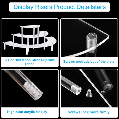 HENABLE Acrylic Display Riser - 3 Tier Clear Cupcake Stand, Perfume Organizer, Half Moon Dessert Stand, Shelf for Food, Amiibo Funko POP Figure Display