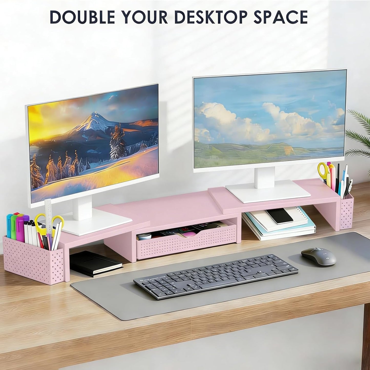 Spacrea Metal Desk Organizers and Accessories, Dual Monitor Stand Riser with Drawer and 2 Pen Holders, Book Racks, Desk Accessories & Workspace Desktop Organizers for Office Supplies (Black)