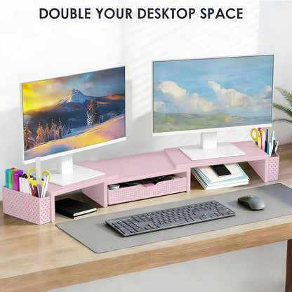 Spacrea Metal Desk Organizers and Accessories, Dual Monitor Stand Riser with Drawer and 2 Pen Holders, Book Racks, Desk Accessories & Workspace Desktop Organizers for Office Supplies (Black)