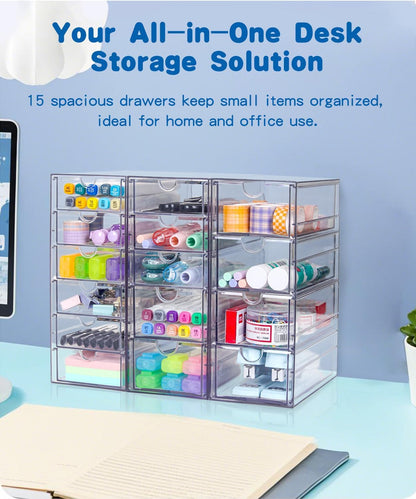 VZKAH Clear Acrylic Organizer with Drawers | 15-Drawer Desktop Unit | Makeup & Desk Organization and Storage Box for Office, Craft, Vanity Table, Bathroom, Home Essentials