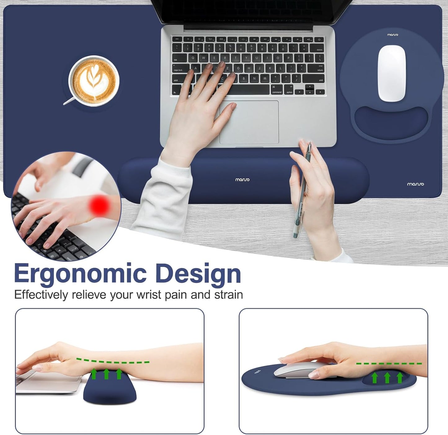MOSISO Wrist Rest for Keyboard Mouse Pad Set, Large Gaming Deskpad&Circle Curved Mousepad&Keyboard Wrist Rest&Coaster, Ergonomic Non-Slip Mousepad&Easy Typing Pad with Silicone Lining, Apricot