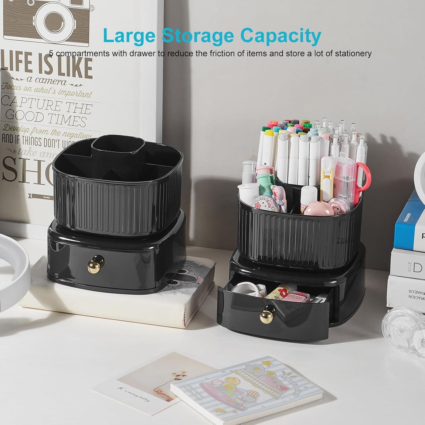 Desk Pencil Pen Holder, 5 Slots 360 Degree Rotating Pencil Pen Organizers for Desk Desktop Storage Stationery Supplies Organizer Cute Pen Cup for Office School Home Art Supply Cream Yellow