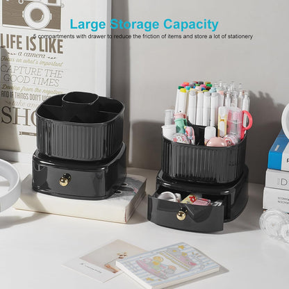 Desk Pencil Pen Holder, 5 Slots 360 Degree Rotating Pencil Pen Organizers for Desk Desktop Storage Stationery Supplies Organizer Cute Pen Cup for Office School Home Art Supply Cream Yellow
