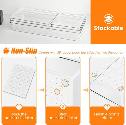 Criusia 6 Pcs Large Size Clear Drawer Organizer Set, Acrylic Non Slip Non Cracking Kitchen Drawer Storage Tray Divider, Multifunctional Storage for Cosmetics, Bathroom, Tools, Kitchen and Office