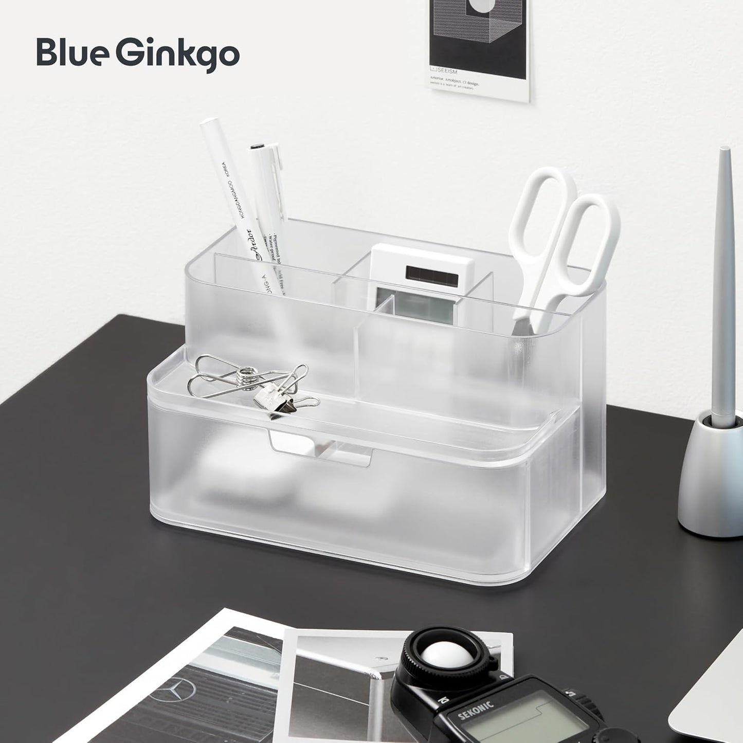 BLUE GINKGO Compact Desk Organizer – Small 5-Compartment, Half Drawer Storage – Pen Holder, Stationery Organizer for Desktop, Vanity, Shelf (Made in Korea, Green)