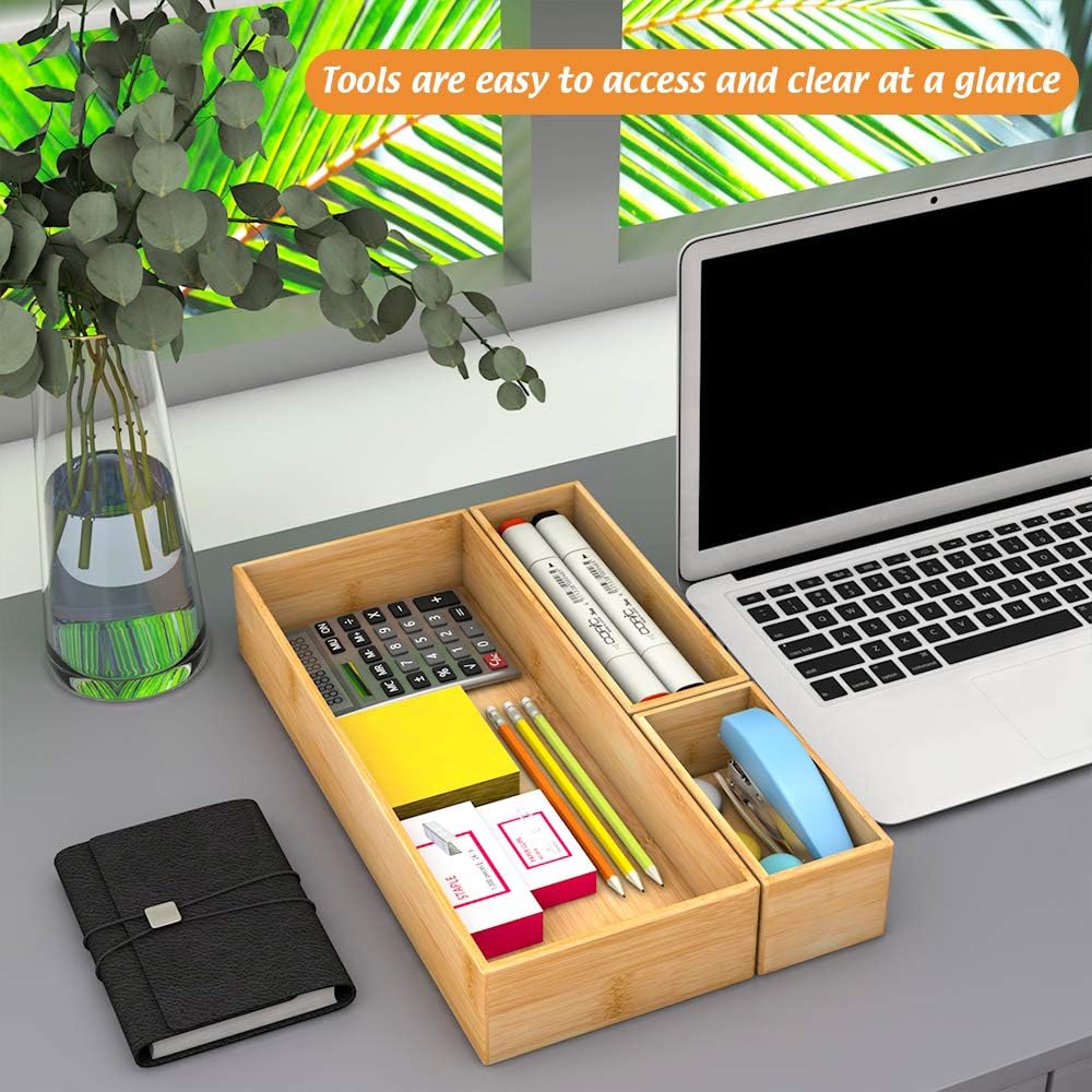 Black Bamboo Drawer Organizer - Silverware&Utensil Holder Organizer for Kitchen Drawers, Multi-Use Drawer Dividers Boxes for Bathroom Counter，Cabinet, Garage, Office Desk, Makeup, Jewelry (12"3"2.5")