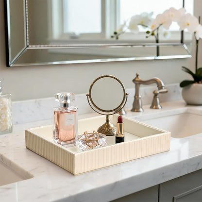 HofferRuffer Faux Leather Vanity Tray, Elegant Desktop Storage Organizer, Decorative Catchall for Perfume, Bathroom Valet, Nightstand or Dresser, Black, 10.2 x 8.4 x 1.8 Inches