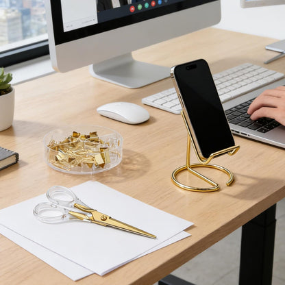 Phone Stand for Desk, Sturdy Metal Gold-Plated Phone Stand for Office Desk, Hands-Free Phone Charging Holder for Phone Calling and Watching Videos