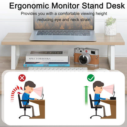 TEAMIX 24 inch Monitor Stand Riser, Black Wood & Steel Computer Monitor Stand with Storage, Laptop, PC, Printer Stand Riser for Desktop Office Desk Organizers