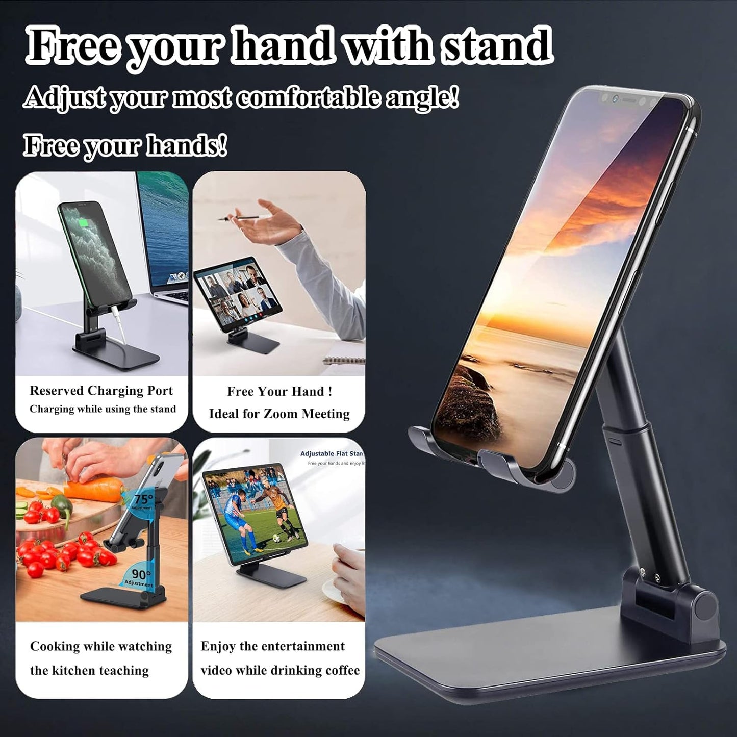 Meetuo 2 Pcs Cell Phone Stand, Adjustable Angle Height Phone Stand for Desk, Fully Foldable/Portable Phone Holder, Compatible for iPhone 16/15/14/13/12/Smartphones