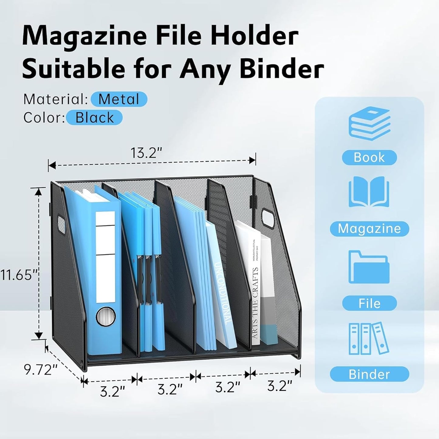 SUPEASY Binder Organizer, Magazine File Holder with 5 Vertical Compartments Rack, Metal Desk File Organizer & Binder Holders, Magazine Organizers for Office Desktop, Home, School, Classroom (Black)
