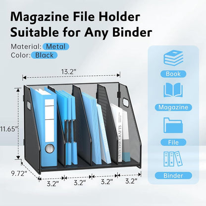 SUPEASY Binder Organizer, Magazine File Holder with 5 Vertical Compartments Rack, Metal Desk File Organizer & Binder Holders, Magazine Organizers for Office Desktop, Home, School, Classroom (Black)