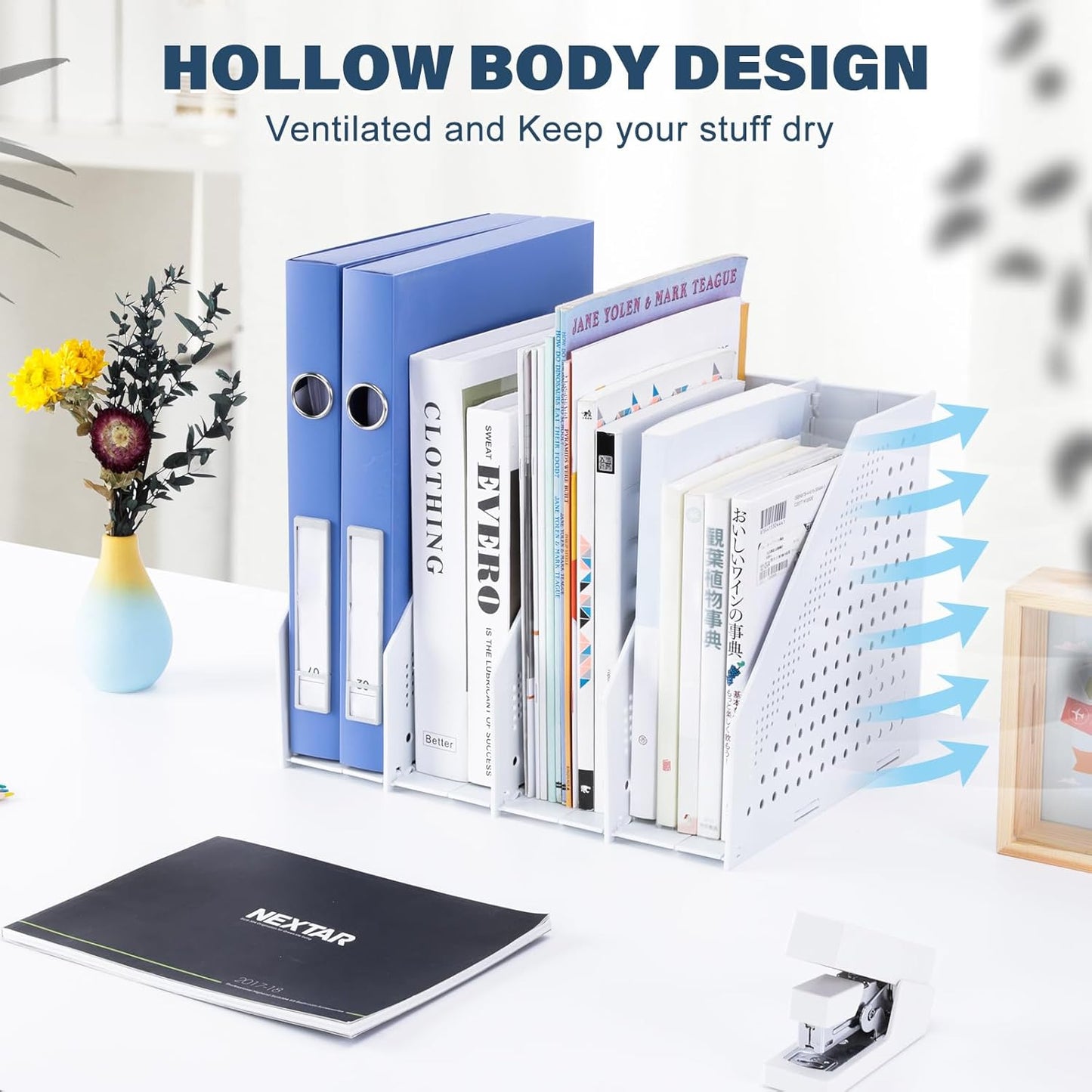 FRETONBA Collapsible Magazine File Holder with 2 Vertical Compartments Foldable Binder Holder for Desk Binder Storage Organizer Plastic Magazine Holders for Shelf, Dark Gray