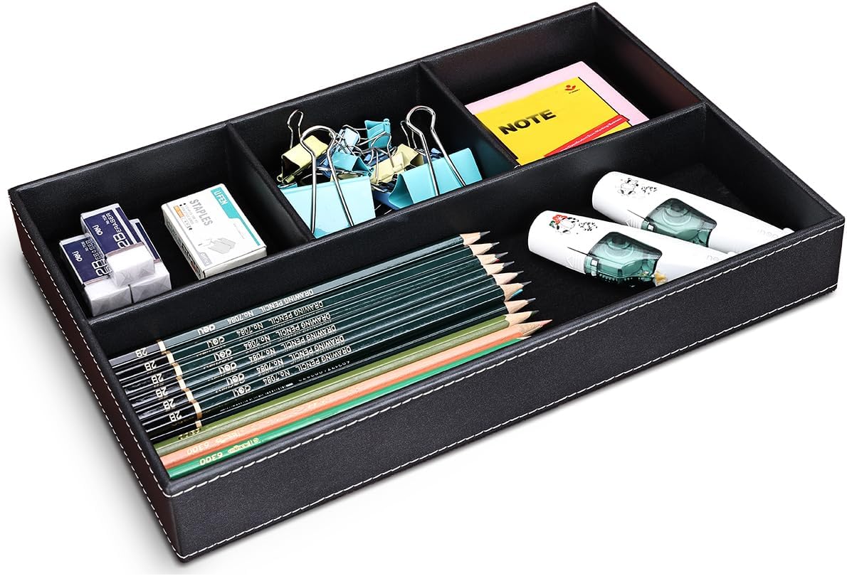 KINGFOM Pu Leather Desk Organizer Tray, 4 Compartment Office Storage Supplies Stationery Drawer Tray, Nightstand Bedside Tray for Key, Wallet, Watch, Coin, Phone Valet Tray Stackable