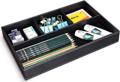KINGFOM Pu Leather Desk Organizer Tray, 4 Compartment Office Storage Supplies Stationery Drawer Tray, Nightstand Bedside Tray for Key, Wallet, Watch, Coin, Phone Valet Tray Stackable