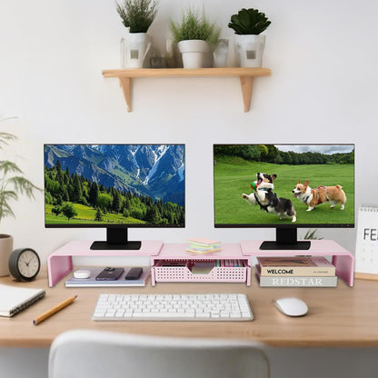 LEKETREE Dual Monitor Stand Riser with Drawer, Desk Organizer and Accessories, Pink Monitor Stand for Desk, Desktop Stand for Computer, Laptop, TV and More (Pink)