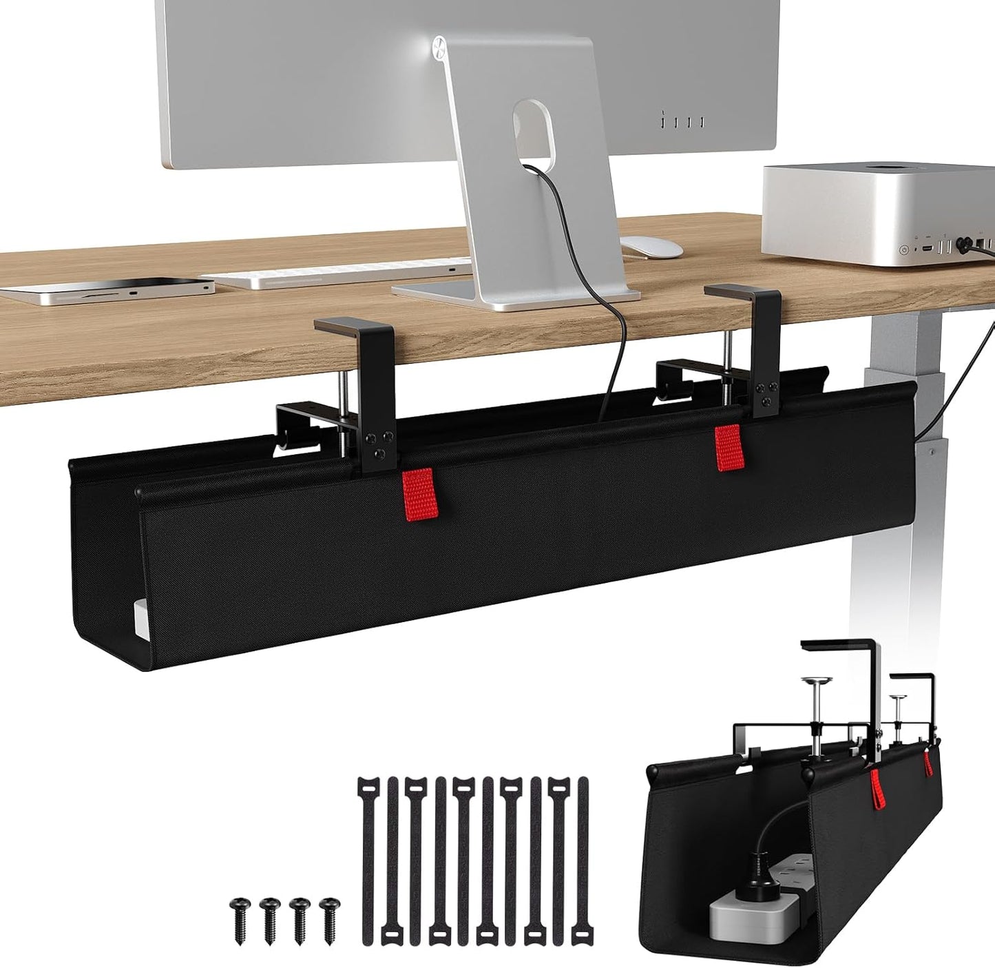 KEEGH Extra Large 48" Under Desk Cable Management Tray - Under Desk Cord Management - Clamp/Screw Mount - Support Upto 70lbs - Fabric Wire Management - Cable Raceways Tray Cord Hiders for Office/Home
