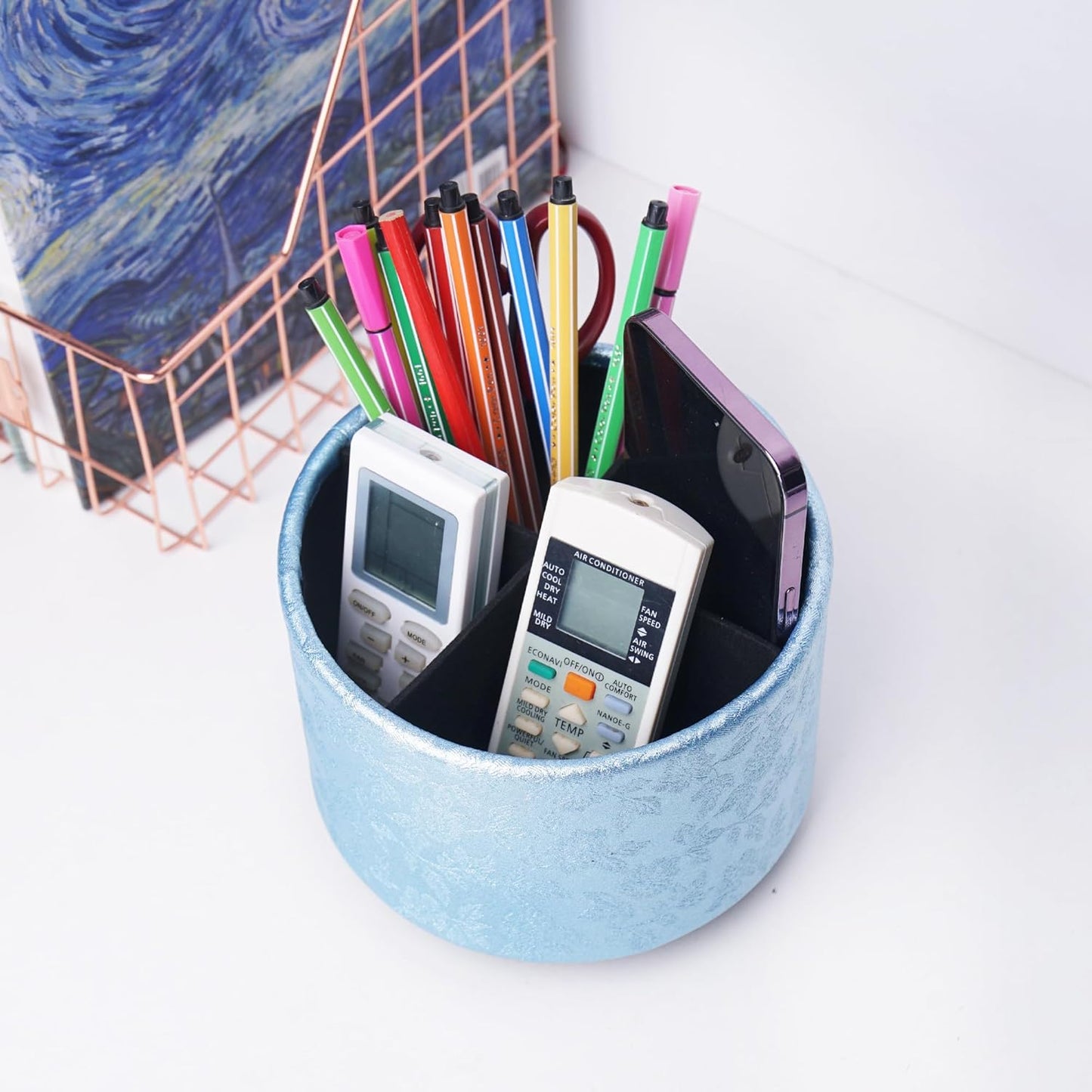 lizimandu Round Leather Art Supply Organizer,Remote Control Holder,360 Degree Spinning,Multi-Functional Pencil Holder,4 Compartments Desktop Stationary Organizer(1-Gold) - Colors A