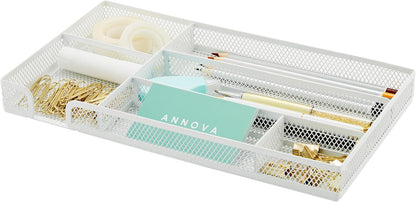 Annova Desk Drawer Organizer Tray for Office Organization - Metal Mesh - Storage Tray with Dividers for Pens, Desktop Accessories, Bathroom, Kitchen, Makeup and Office Supplies (Small, Gold)