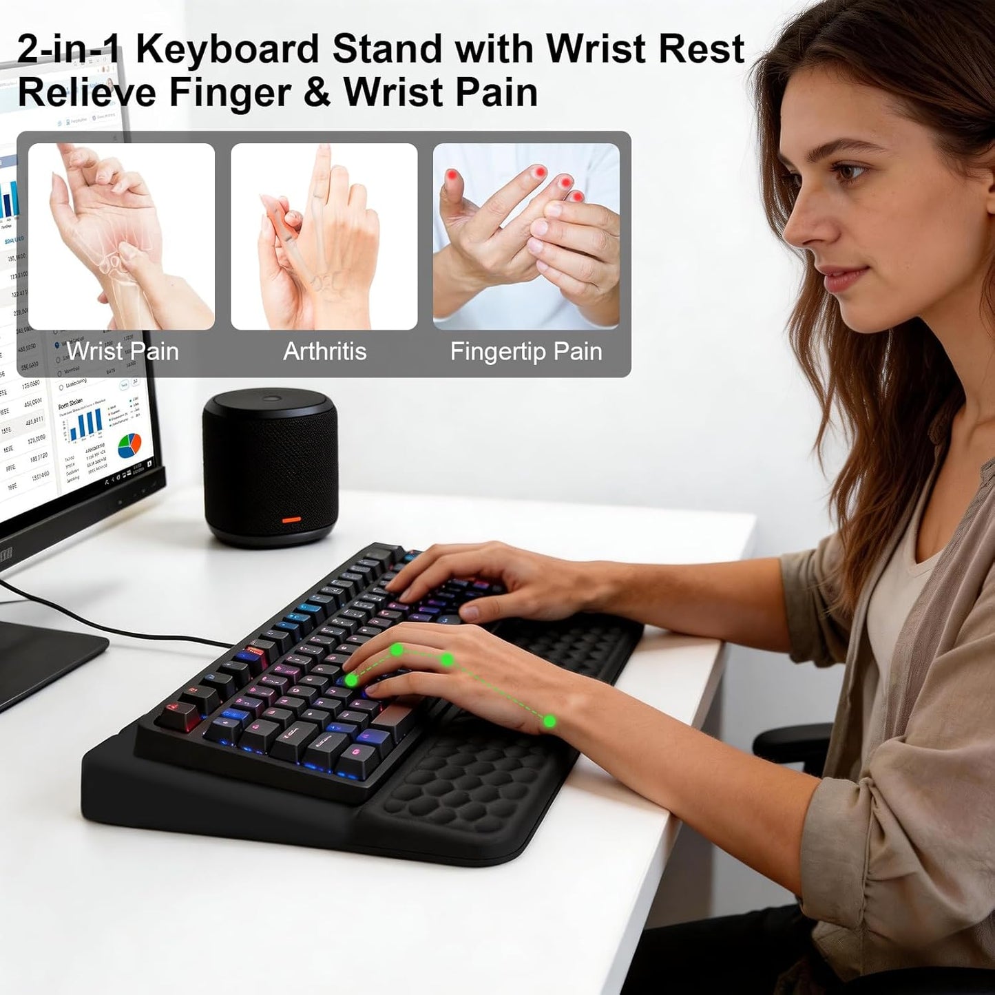 Keyboard Stand with Wrist Rest, Computer Keyboard Pad with Wrist Support, Ergonomic Keyboard Riser Holder Lift Tray, Soft Memory Foam Desk Wrist Pad for Office, Home, School - Black