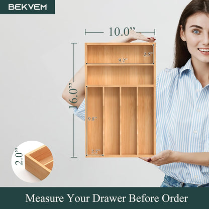 Small Silverware Organizer, Bamboo Kitchen Drawer Organizer, Utensil Holder, Cutlery Tray & Spoon Flatware Storage with Grooved Drawer Dividers (6.7''W x 12''D)