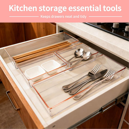 4 Pack Large Size Clear Stackable Drawer Organizer Trays, Gold Rim Makeup Drawer Storage Tray Divider, Desk Storage for Makeup, Jewelry, Bathroom, Stationary, Kitchen Utensils and Office Desk