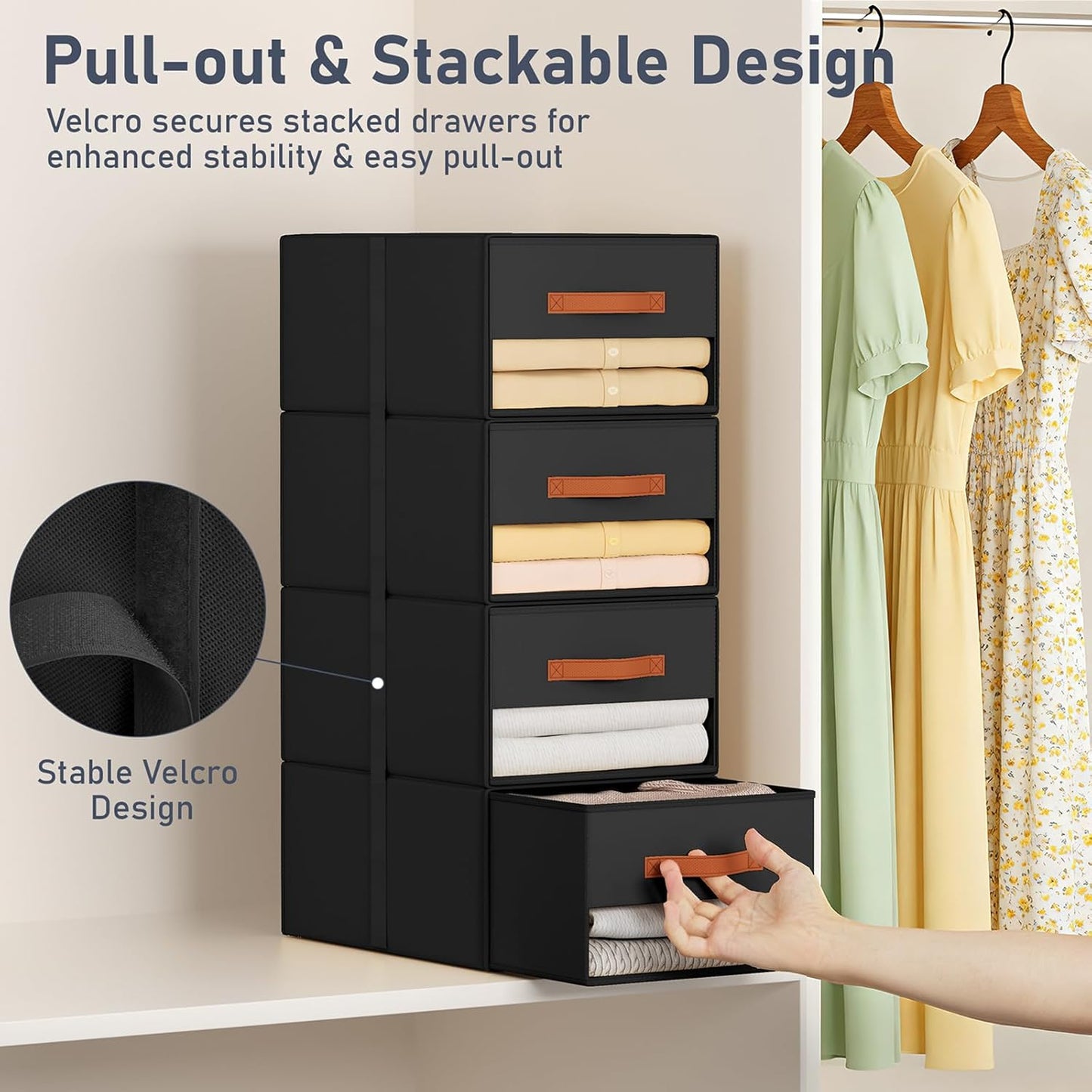 DIMJ Closet Organizers and Storage - Fabric Bins with Drawers for Closet Foldable Clothes Organizers with Clear Window, Stackable Storage Drawers Units for Bedroom, Living Room, 4-Pack, Grey