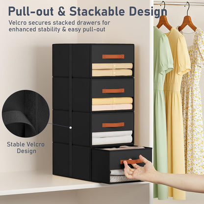 DIMJ Closet Organizers and Storage - Fabric Bins with Drawers for Closet Foldable Clothes Organizers with Clear Window, Stackable Storage Drawers Units for Bedroom, Living Room, 4-Pack, Grey