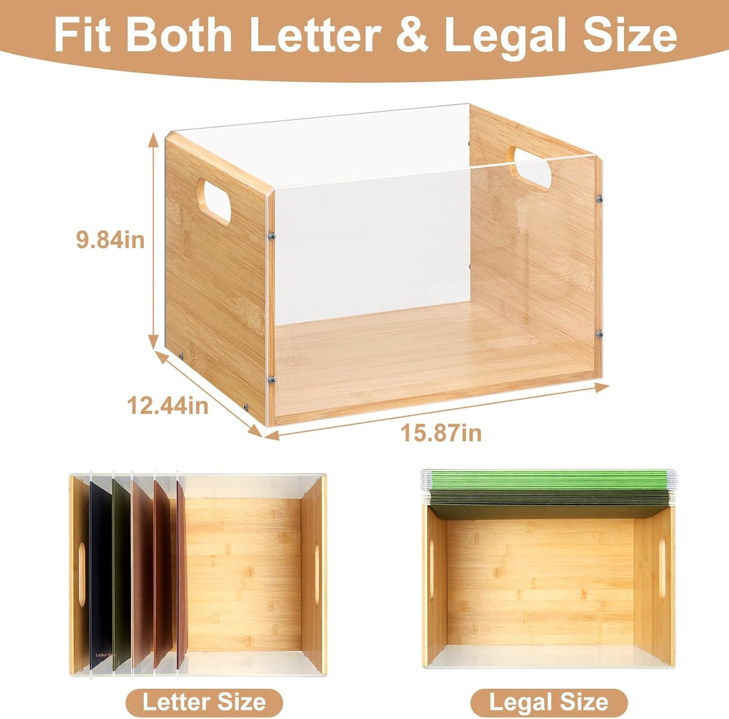 Sbanmao Clear Acrylic File Box Organizer, Bamboo Hanging Folder Storage Boxes, Filing Crate Bin Holder with Handle for Home Office Desk, Letter Size