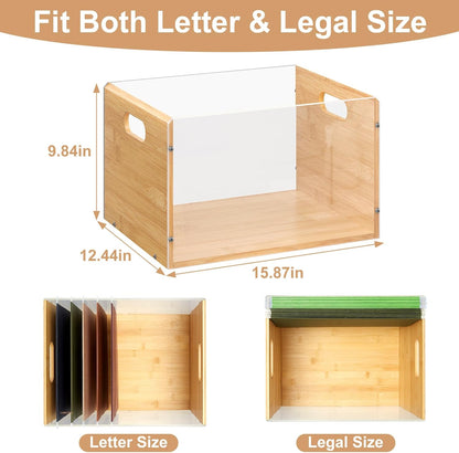 Sbanmao Clear Acrylic File Box Organizer, Bamboo Hanging Folder Storage Boxes, Filing Crate Bin Holder with Handle for Home Office Desk, Letter Size