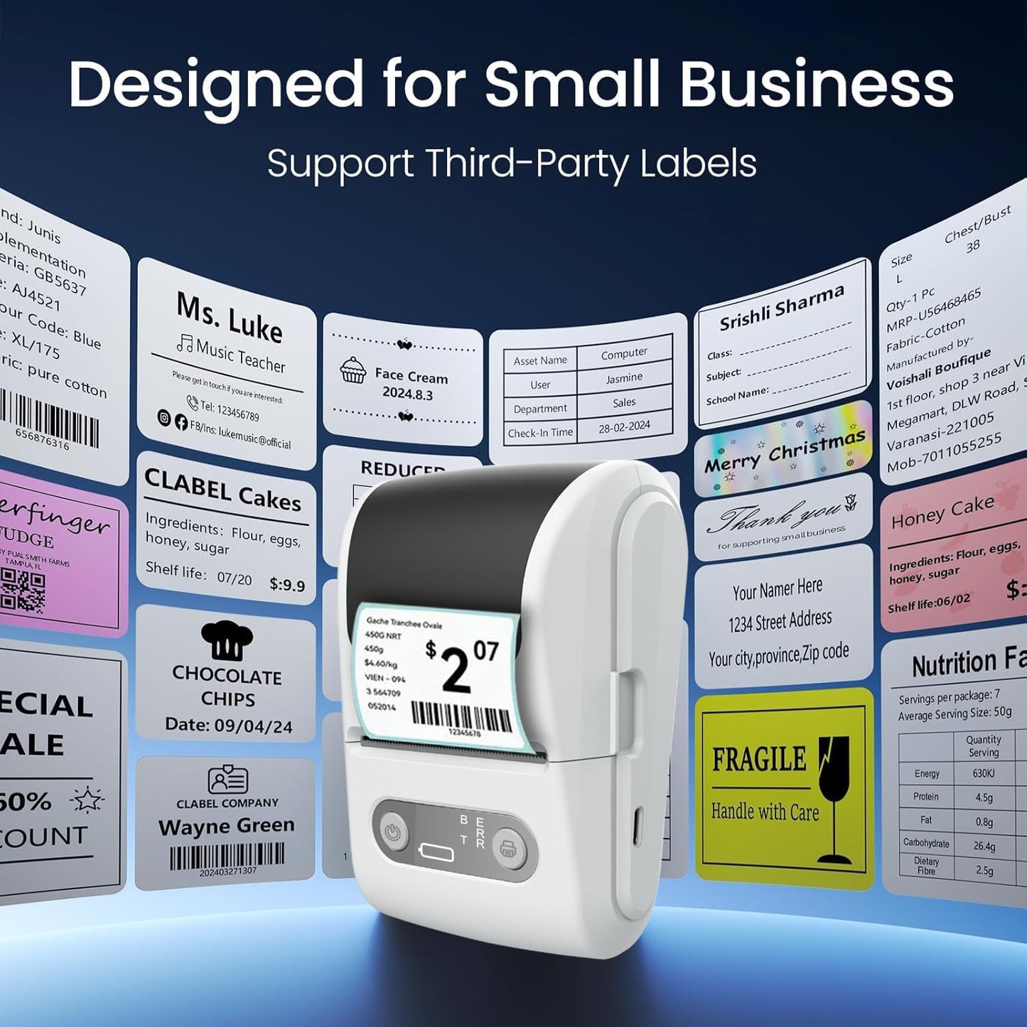 Label Maker with Tape, Label Printer for Business, Sticker Printer- Compatible with 12-57mm Width Labels, Wireless Connectivity, High-Speed Printing, 1200mAh Battery for Office & Home (White)
