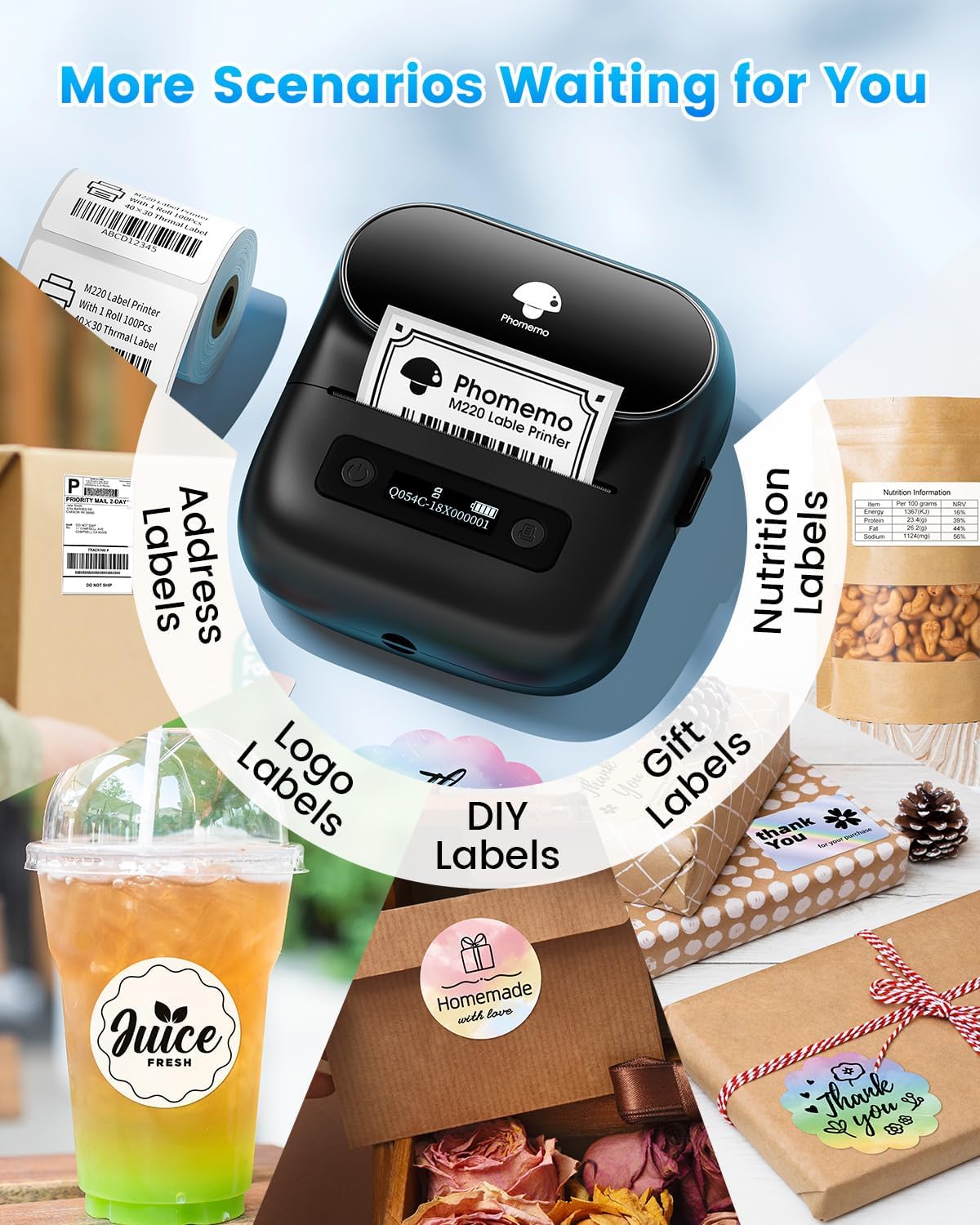Phomemo Label Maker,M220 Label Printer,3 Inch Bluetooth Thermal Label Maker Machine with 6000+ Icons,700+ Templates,400+ Fonts,for Kids School Items,Small Business,Large Sticker