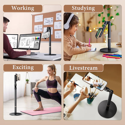 Height/Angle Adjustable Phone Holder, 10"-25" Retractable Tall Phone Stand for Desk,720°Rotatable+180flip Phone Holder Stand for Video Calls Kitchen Table Office Etc -Clip Type