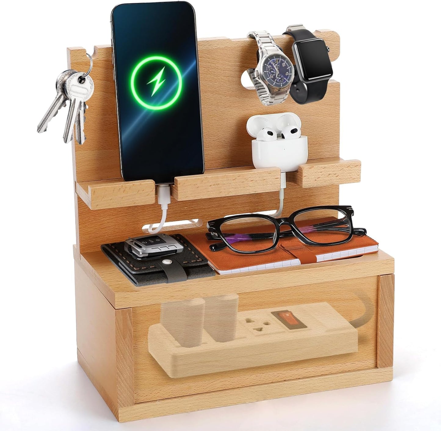 Beechwood Nightstand Organizer with Cable Management Box - Phone Docking Station Gifts for Him Men Boyfriend Husband Birthday Anniversary, Light Yellow