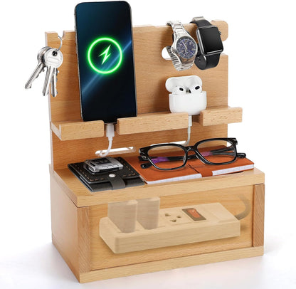 Beechwood Nightstand Organizer with Cable Management Box - Phone Docking Station Gifts for Him Men Boyfriend Husband Birthday Anniversary, Light Yellow