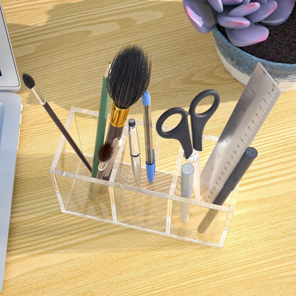 NIUBEE Acrylic Pen Holder 4 Compartments, Clear Pencil Organizer Cup for Countertop Desk Accessory Storage