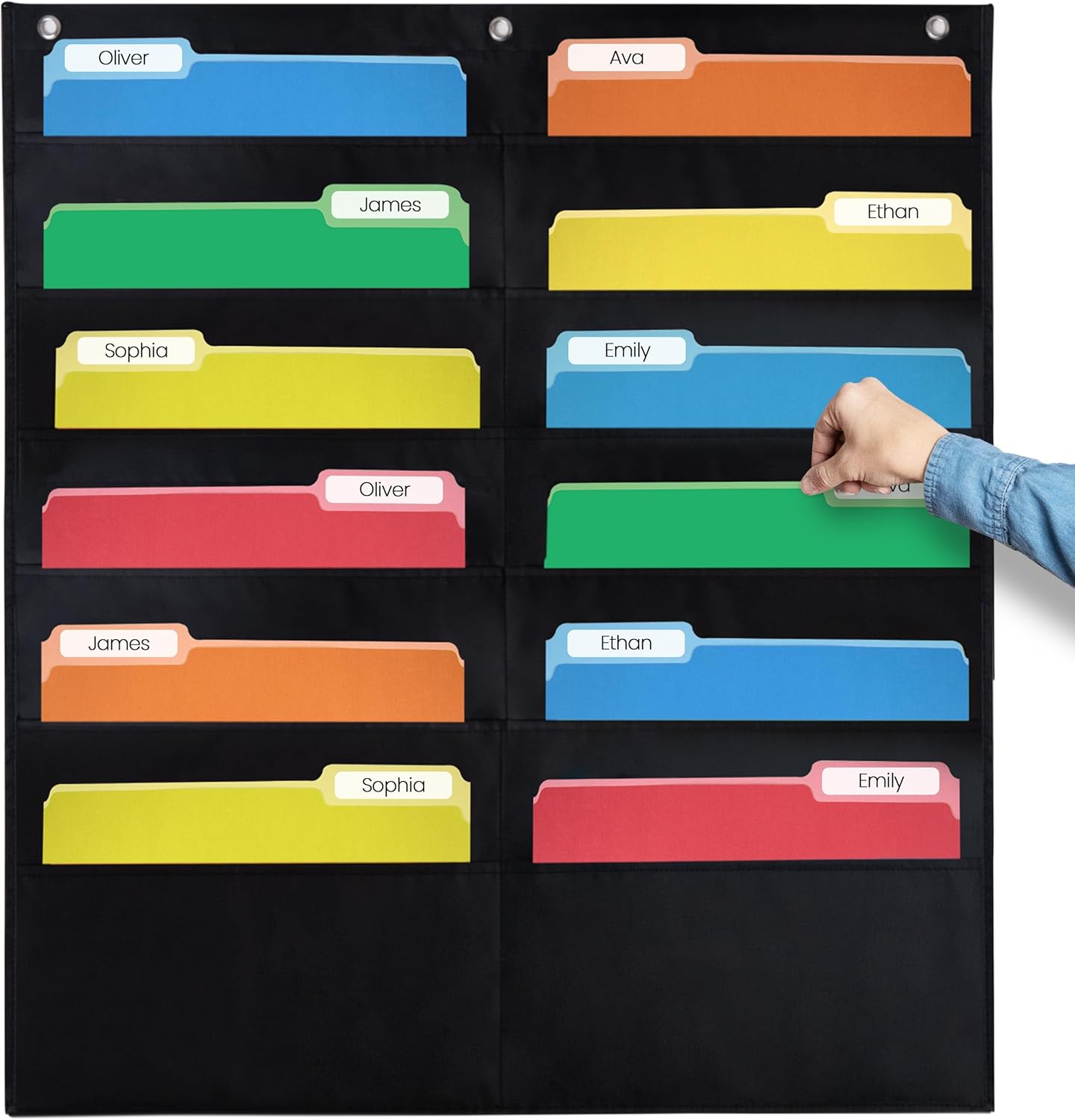 Essex Wares - 7 Pocket File Pocket Chart, Black, Tall - Versatile Wall Hanging File Folder Organizer for Classroom, Office, Home, and More - Wall Folder Organizer - 7 Pockets