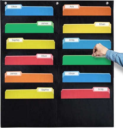 Essex Wares - 7 Pocket File Pocket Chart, Black, Tall - Versatile Wall Hanging File Folder Organizer for Classroom, Office, Home, and More - Wall Folder Organizer - 7 Pockets