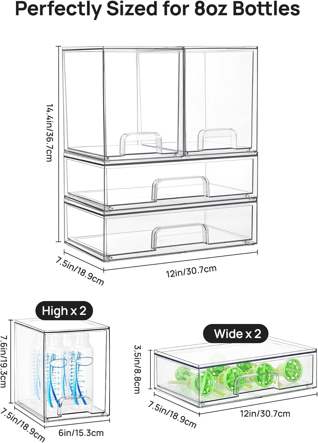 Vtopmart Stackable Storage Drawers Set of 4, Clear Plastic Organizer Bins for Bathroom Supplies,Ideal for Cabinet,Pantry,Laundry Room Organization