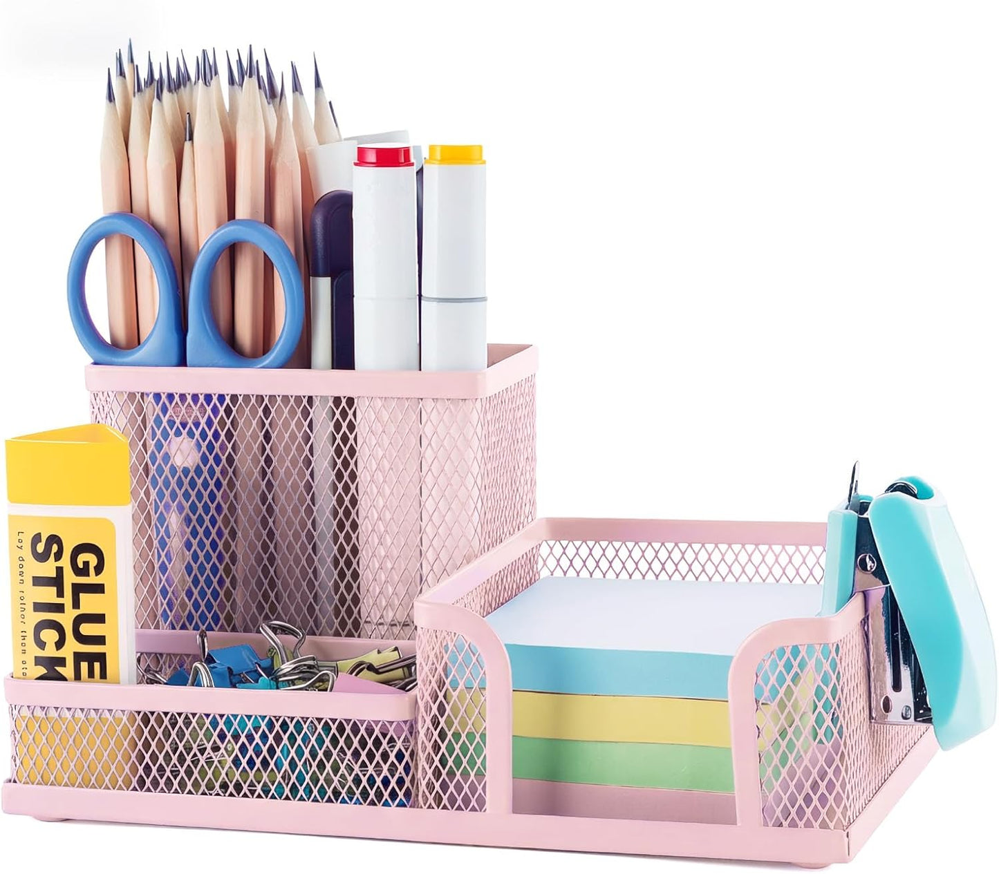 M&G Mesh Pen Holder Desk Organizers Pencil Holder for Desk Black, 3 Compartments Metal Office Supply Organizer with Sticky Notes Holder for School Home Office