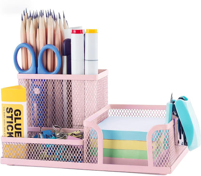 M&G Mesh Pen Holder Desk Organizers Pencil Holder for Desk Black, 3 Compartments Metal Office Supply Organizer with Sticky Notes Holder for School Home Office