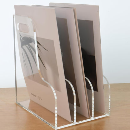 Acrylic Magazine File Holder, 4 Vertical Compartments Desk Document Sorter Organizer, Clear Folder Rack Binder for Office/Home/Classroom, for Documents, Tablet, Magazines, Books & Accessories