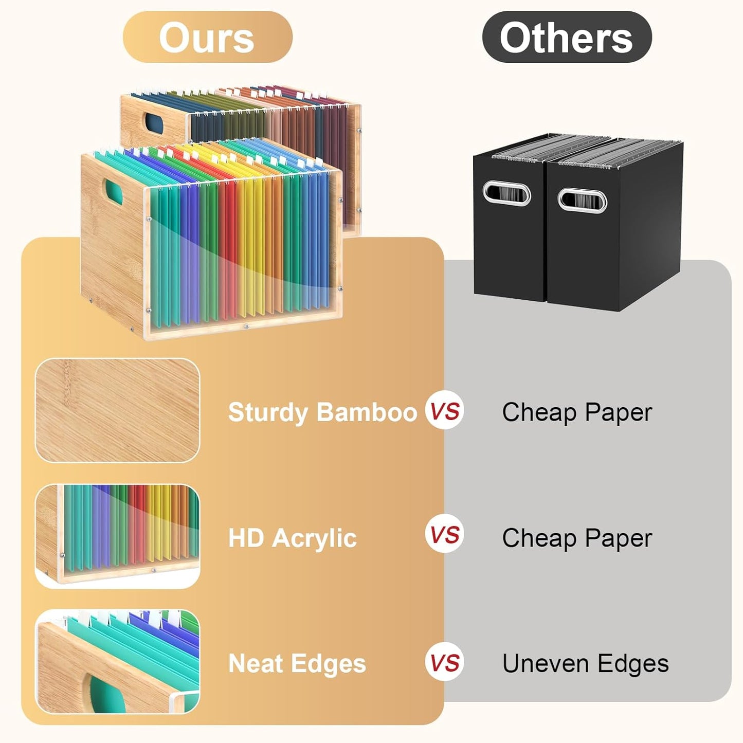 Sbanmao Clear Acrylic File Box Organizer, Bamboo Hanging Folder Storage Boxes, Filing Crate Bin Holder with Handle for Home Office Desk, Letter Size