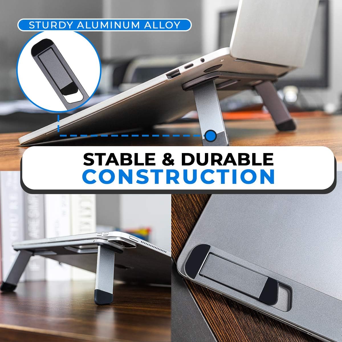 Laptop Riser for Desk – Aluminum Foldable Laptop Stand for 10”-16” Models Including MacBook, MacBook Air, iPad, HP and More – Self-Adhesive Portable Laptop Stand with Non-Skid Feet