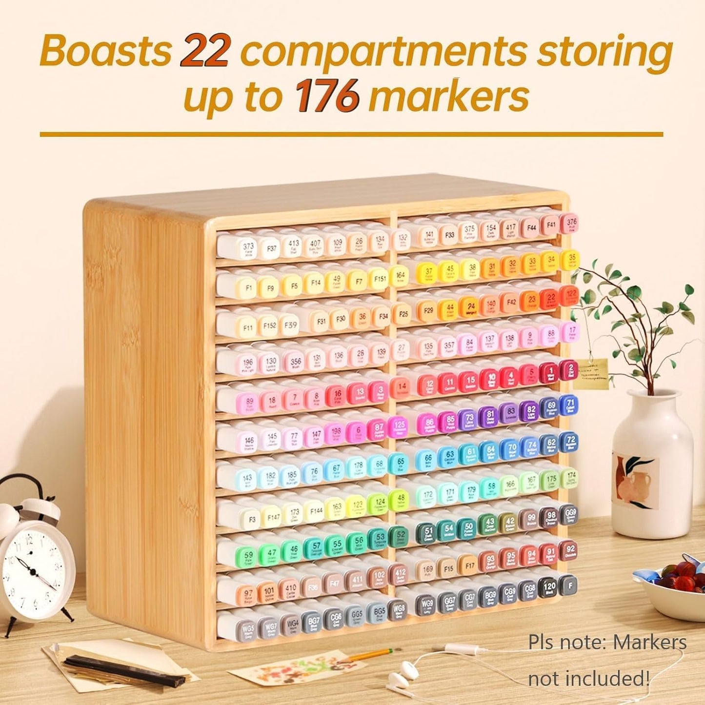 walowalo Markers Organizer Hold 176 Markers Birthday Gifts Bamboo Pen Holder Art Supply Pencil Alcohol Storage Organizer 22 Compartments All-in-One Marker Storage for Home Office Desk Classroom
